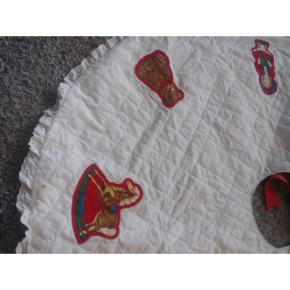 Vtg Christmas Tree Skirt Holly 2 Sided Soldier Doll House Jack Box Train Bear - Picture 2 of 6